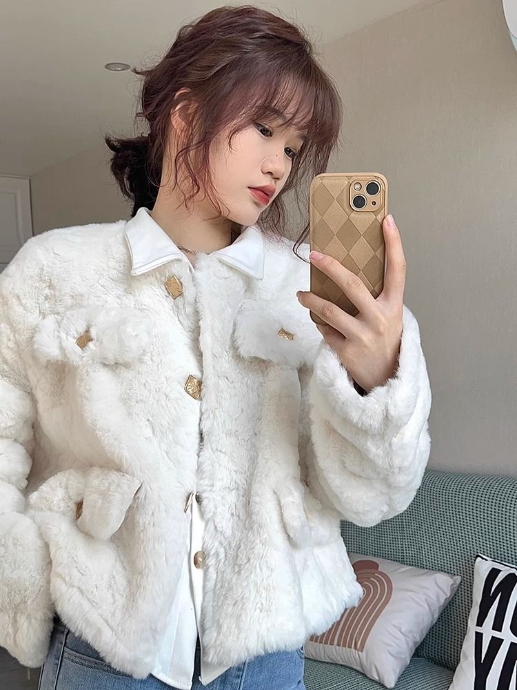 2023 Autumn and Winter Women's Tops Lamb Wool Imitation Rabbit Fur Imitation Fur Short Square Button Jacket Versatile Thickened Small Fragrant Style Jacket