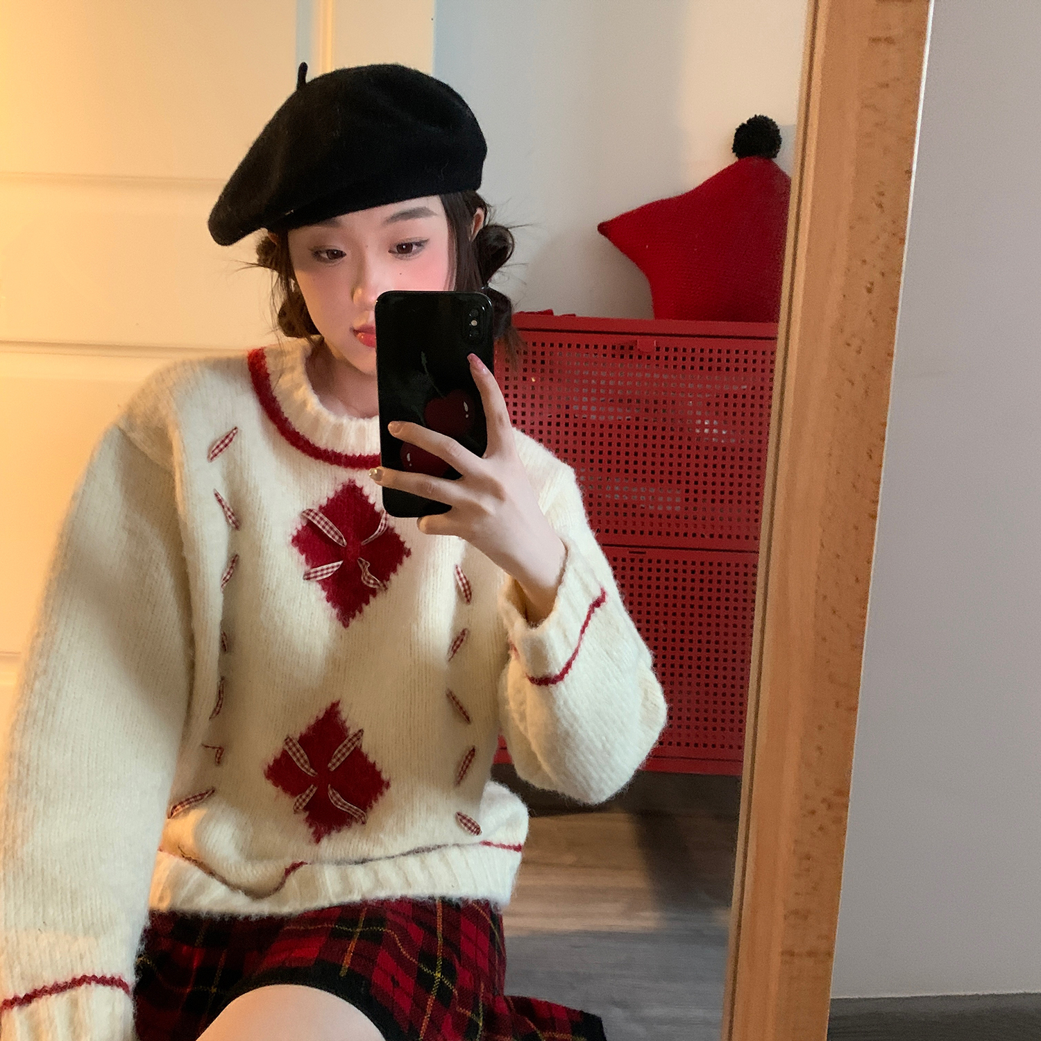 紅格子加厚毛衣女外套秋冬季聖誕節圓領寬鬆學院風減齡針織衫上衣