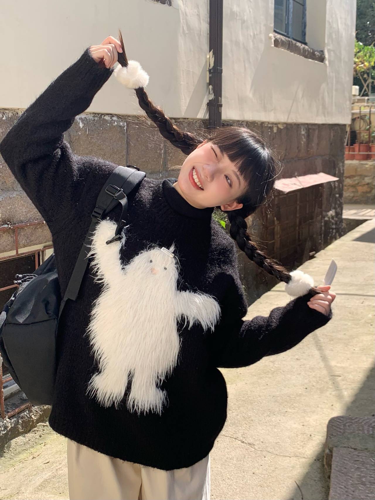 嘿山姥姥羊毛長毛雪怪毛衣女秋冬寬鬆慵懶風甜美可愛套頭針織上衣