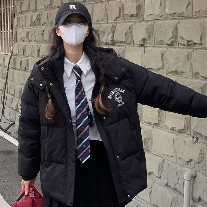 學院風黑色短款羽絨棉服大衣jk制服套裝秋冬加厚保暖棉襖中長外套