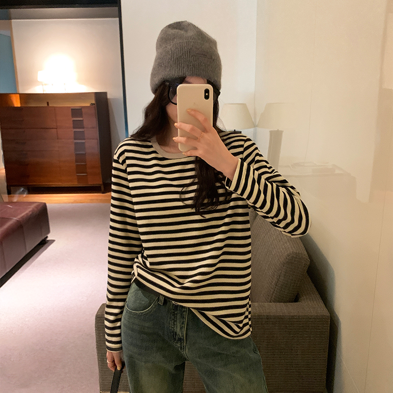 實拍圖韓版圓領條紋慵懶風寬鬆設計感長袖套頭上衣女