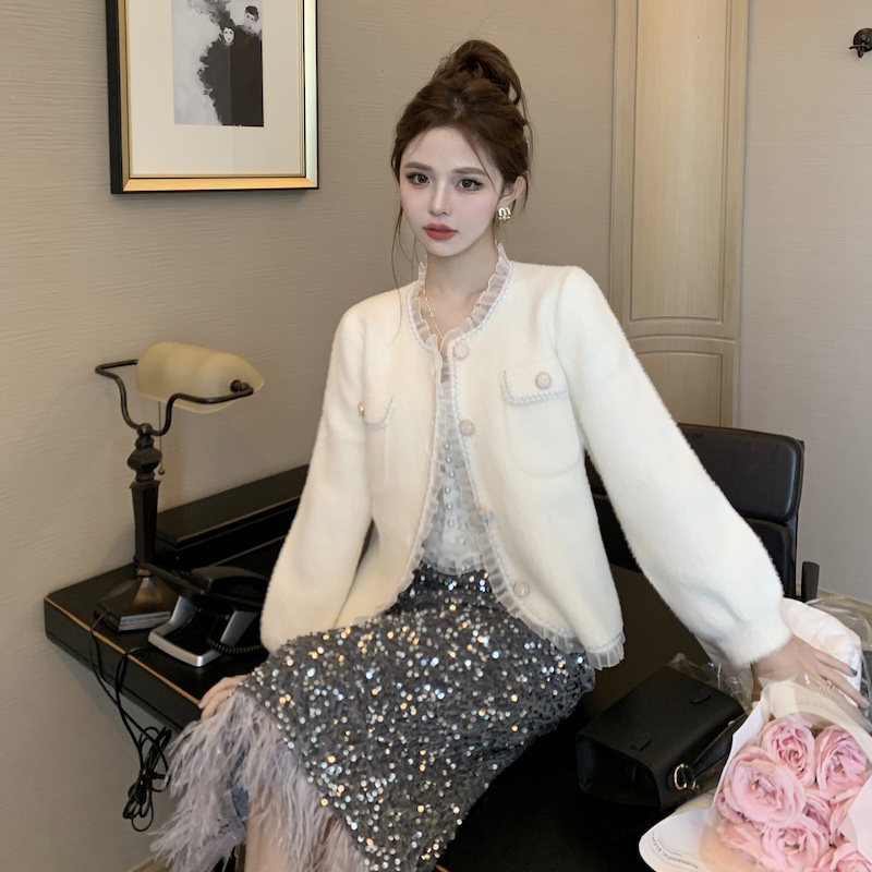 實拍 小香風水貂絨毛衣外套女蕾絲拼接針織衫秋冬氣質女針織開衫