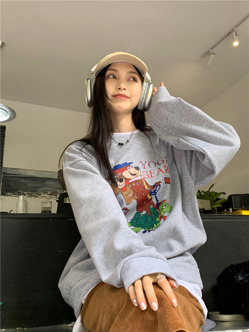 慵懶風復古衛衣冬季2023年新款女做舊印花寬鬆加絨圓領長袖上衣女