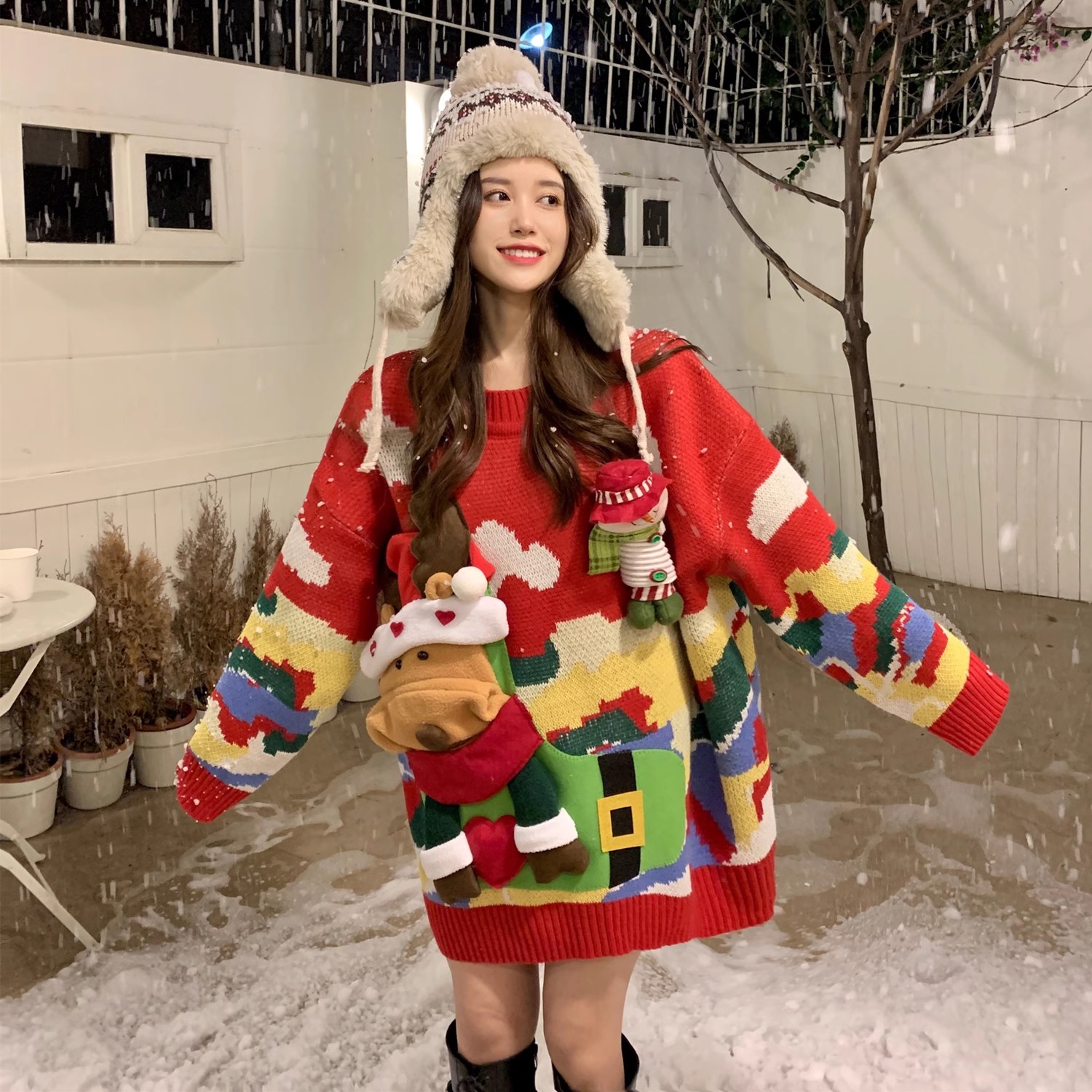 外貿聖誕麋鹿雪人紅色針織衫毛衣女冬季洋氣減齡設計感中長款加厚
