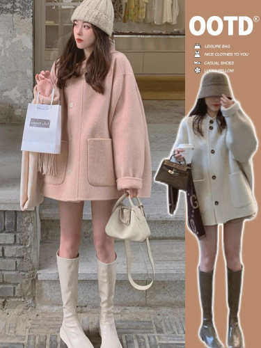  new pink hooded woolen coat winter velvet thickening short temperament coat for women trendy
