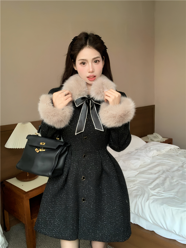 實拍！毛呢連衣裙女秋冬新款加厚毛領蝴蝶結百褶短裙