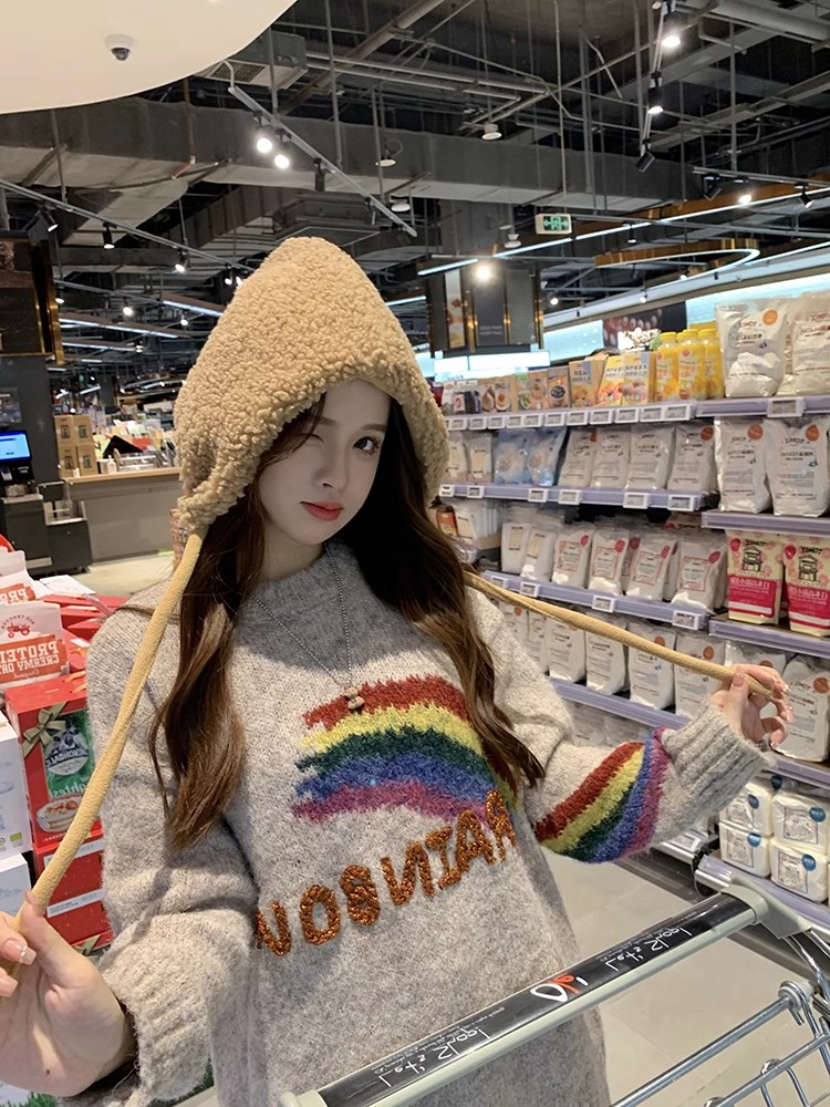 高級感超好看彩虹字母毛衣女秋冬溫柔系慵懶風寬鬆軟糯套頭針織衫