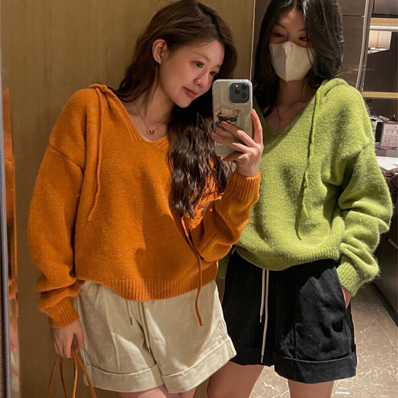 韓系甜美軟糯套頭連帽毛衣女外套慵懶風寬鬆百搭短款小個子針織衫