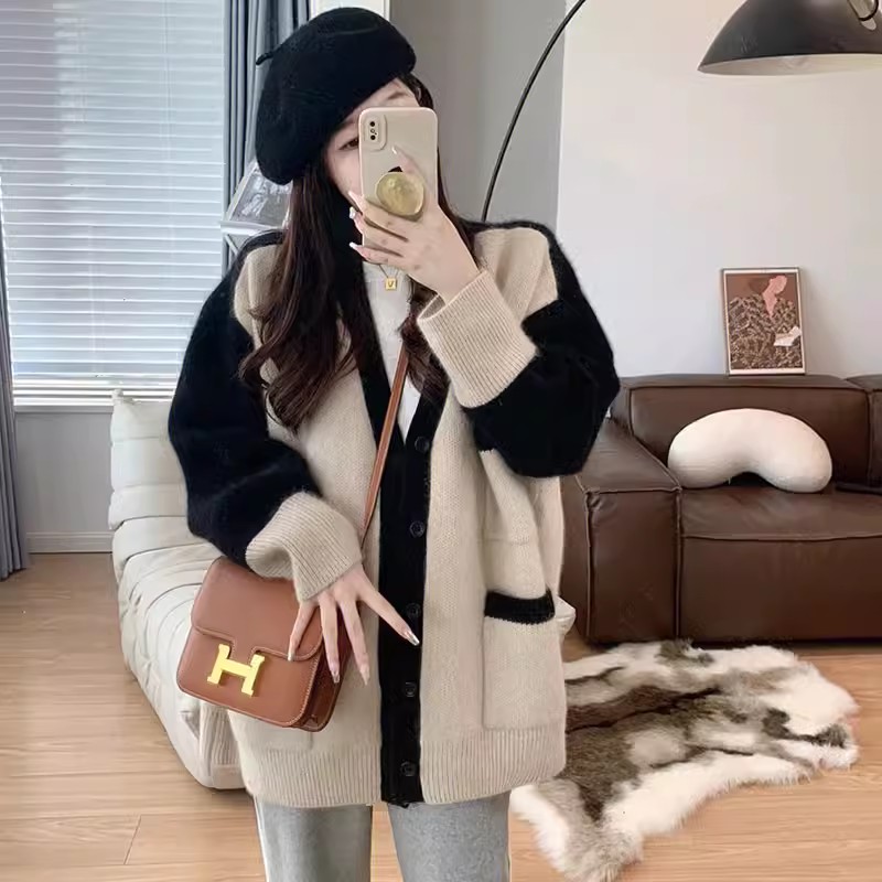 2023 Autumn and Winter New Loose Lazy Sweater Knitted Cardigan Oversize Temperament Socialite High-end Jacket for Women