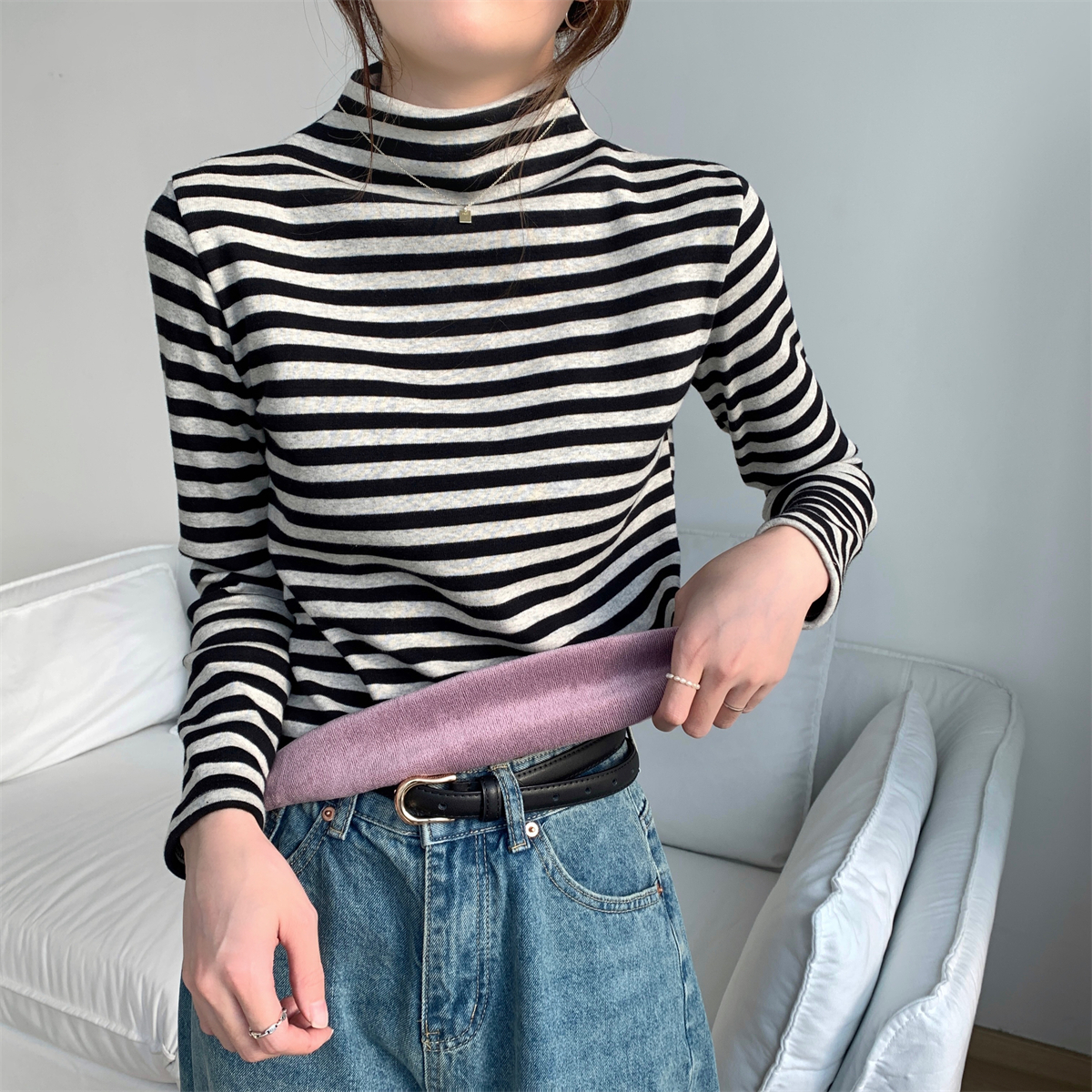Actual shot of autumn and winter Korean style versatile slim-fit striped half-turtle collar plus velvet inner long-sleeved T-shirt top for women