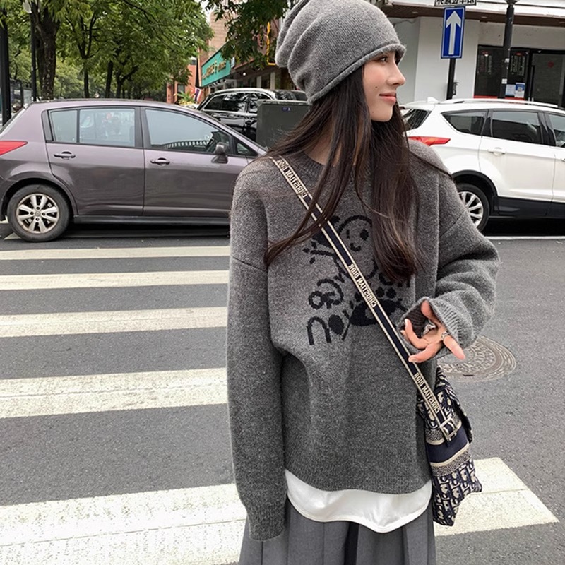 綿羊絨#寬鬆慵懶風毛衣女2023秋冬新款韓版套頭針織衫可愛塗鴉
