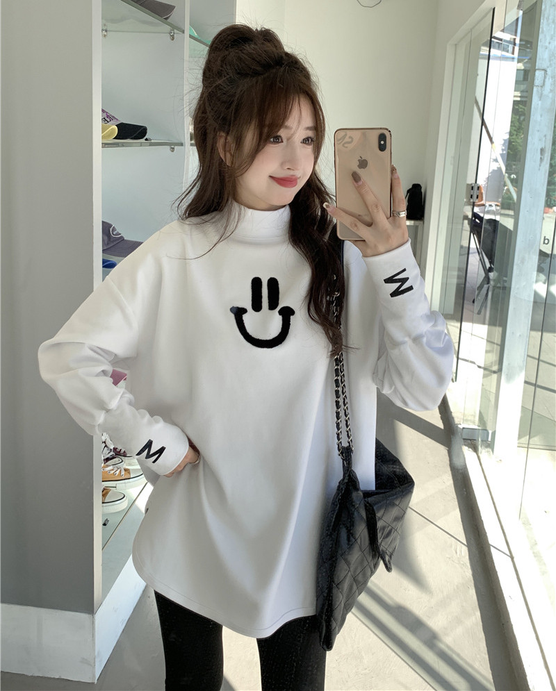 New loose smiley face embroidered plus velvet thickened half turtleneck T-shirt long sleeve slit bottoming top for women real shot