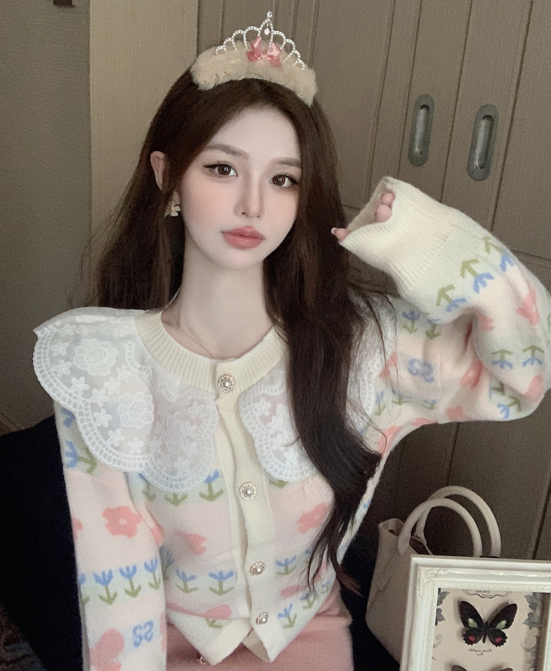 實拍 秋冬娃娃領蕾絲長袖毛衣外套女法式小香風甜美寬鬆減齡上衣