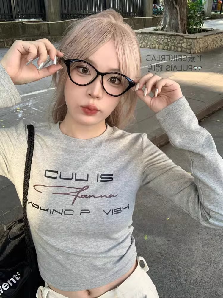 純棉210克40支秋冬美式小眾辣妹印花修身長袖插肩袖打底衫女