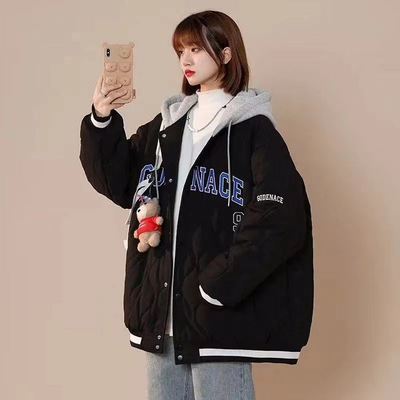 菱形格棉服女款冬季加厚棉衣美式復古棒球服男女外套冬裝棉襖子