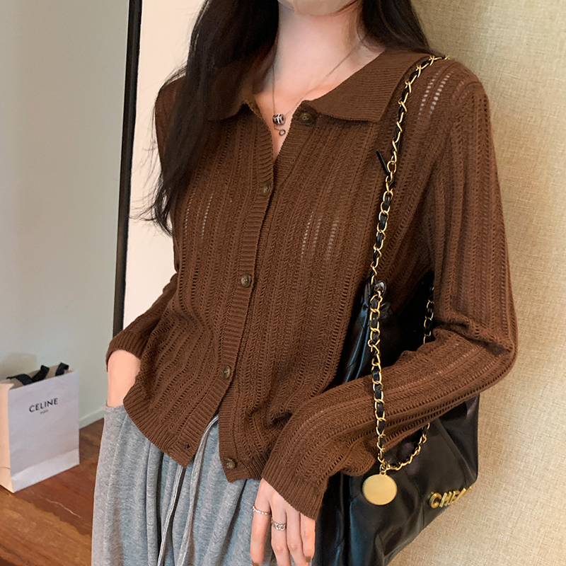 實拍圖polo領咖色寬鬆毛織開衫女早秋新款韓系上衣女