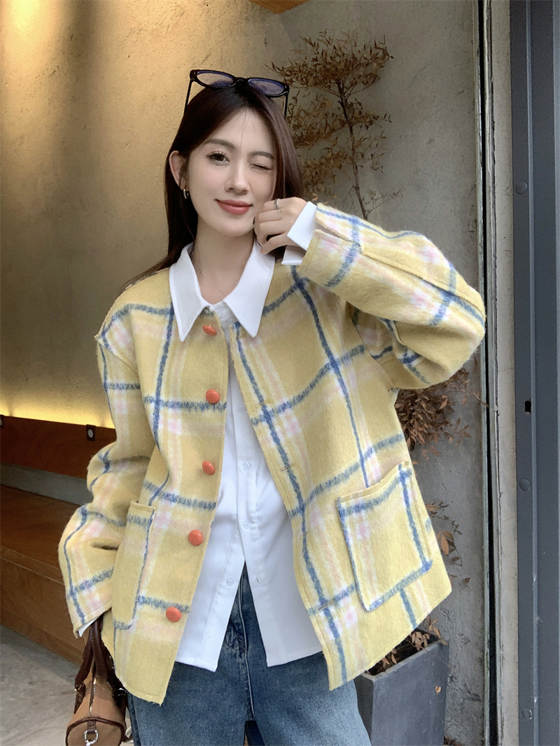 Actual shot of autumn and winter high-end small fragrance silhouette plaid woolen jacket women's short jacket top