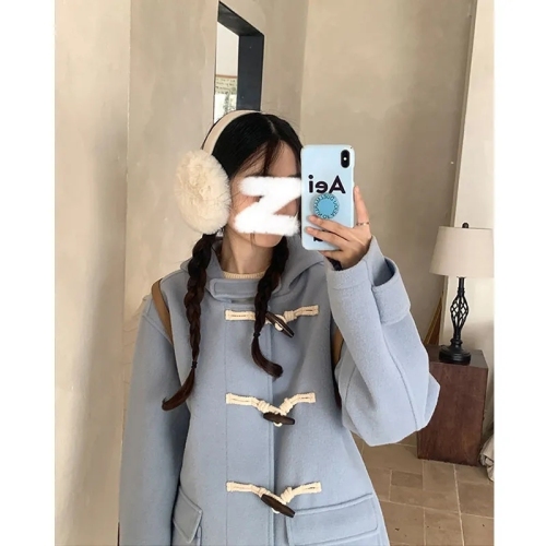 Horn button thickened woolen coat for women autumn and winter 2023 new style small preppy style coat Korean version slimming
