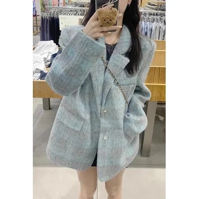 潮牌復古格子毛呢外套女秋冬2023新款設計高級感ins寬鬆西裝上衣