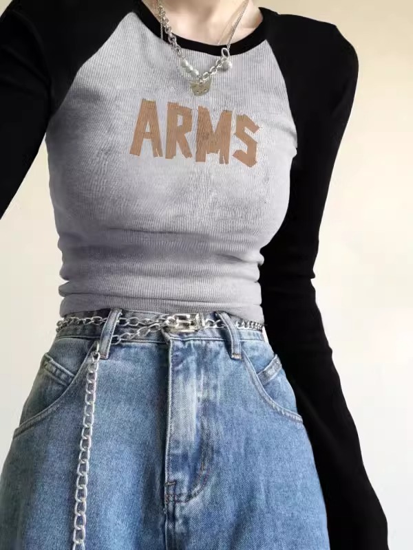 Pure cotton 210g 40 count autumn and winter American niche hot girl printed slim long-sleeved T-shirt contrasting color bottoming shirt for women