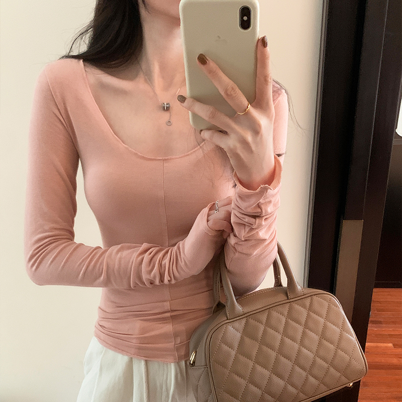實拍圖粉色薄款2023秋冬新款U領T恤女木耳邊