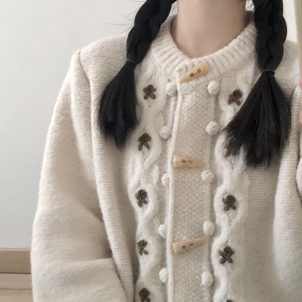 復古着感日系鈎花牛角扣開衫針織毛衣外套小個子春季