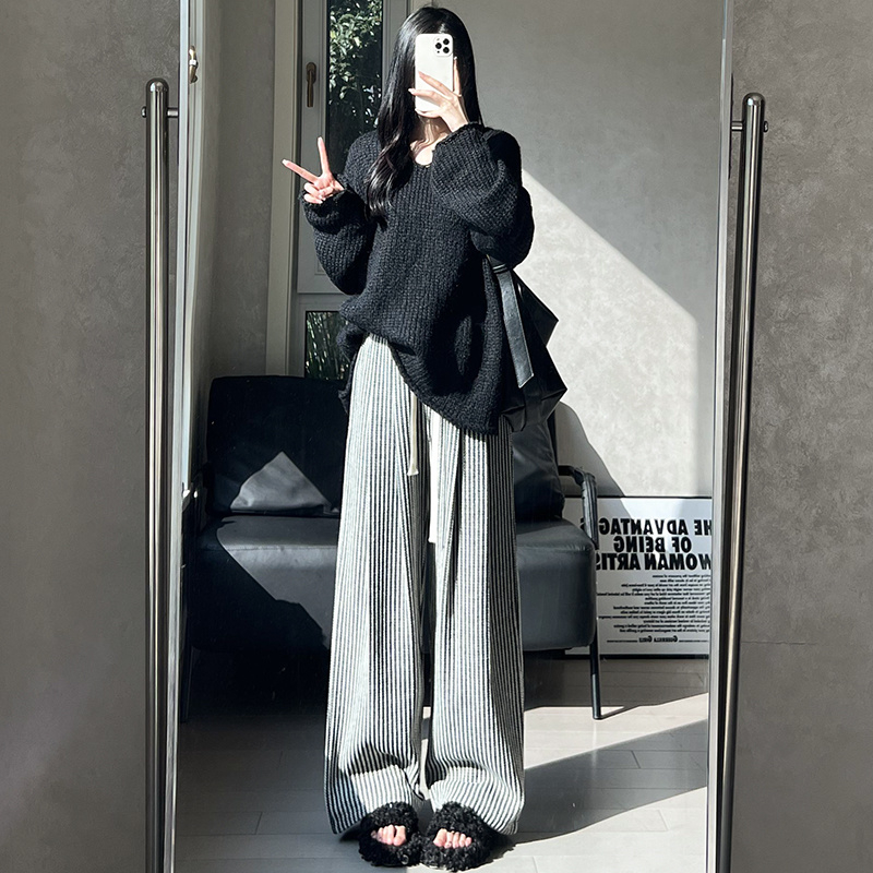 原版面料黑白條紋毛呢闊腿褲女秋冬休閒顯瘦垂感慵懶拖地褲