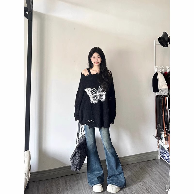 2023年新款毛絨蝴蝶結慵懶風毛衣女寬鬆秋冬設計感破洞針織衫上衣