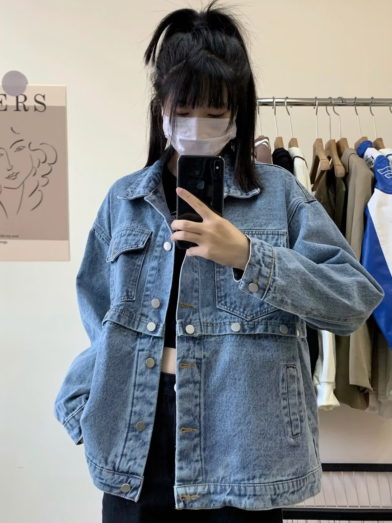 設計感可拆卸牛仔外套女秋季新款港風復古Vibe寬鬆ins潮夾克上衣