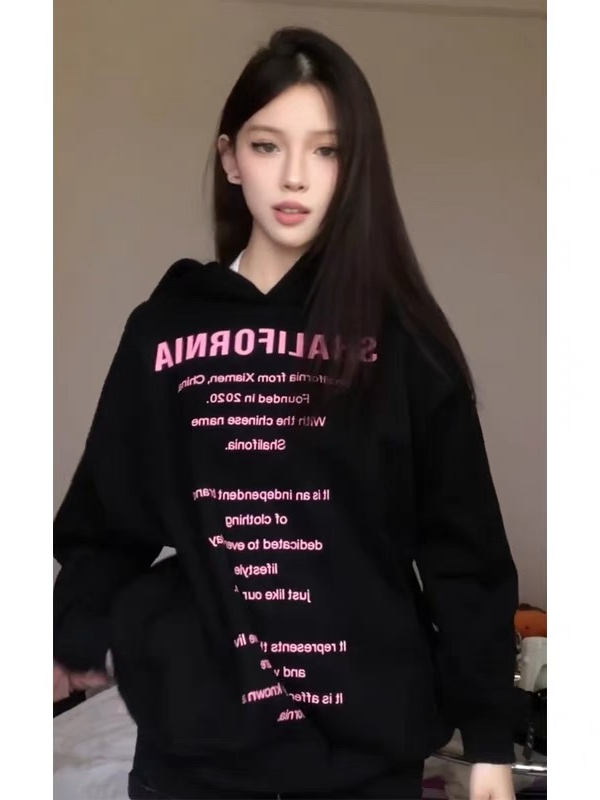 設計感字母印花純棉衛衣女秋冬加絨加厚美式潮牌連帽外套oversize