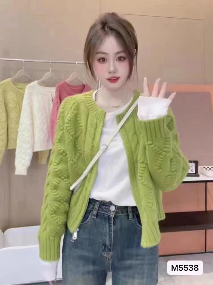 秋冬新款韓版簡約圓領麻花菱格拉鏈長袖開衫上衣女