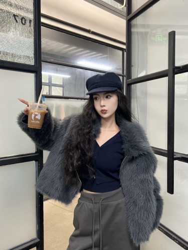 Actual shot Korean fashionable splicing single-breasted hollow knitted cardigan imitation leather one-piece fashionable fur coat