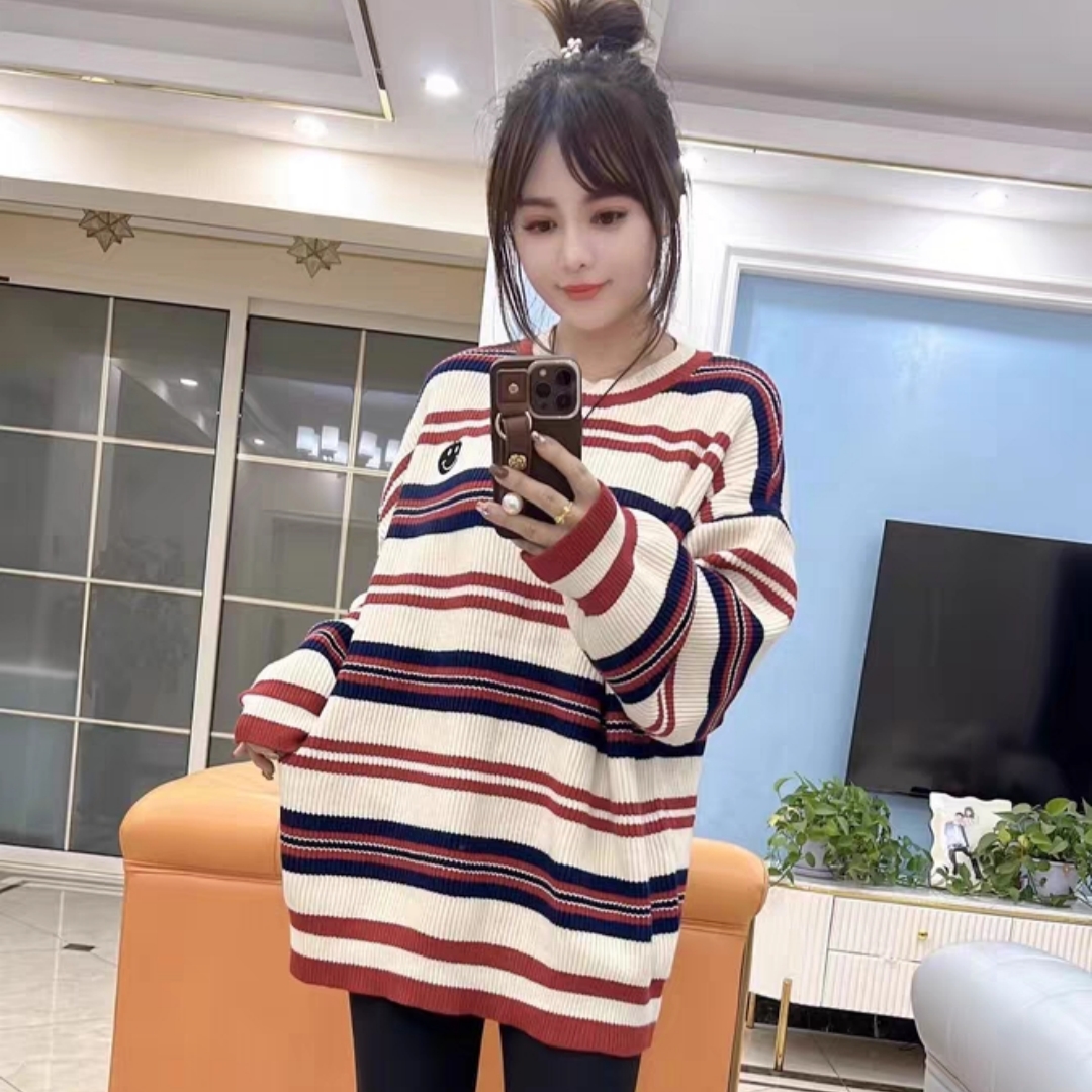 韓版寬鬆撞色條紋毛衣女2023年冬款長袖圓領套頭時尚百搭針織上衣