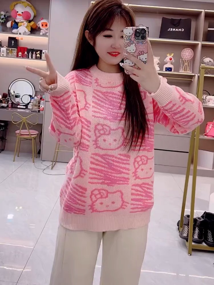 粉色圓領卡通毛衣女小個子新款寬鬆休閒顯瘦減齡打底上衣2023秋款