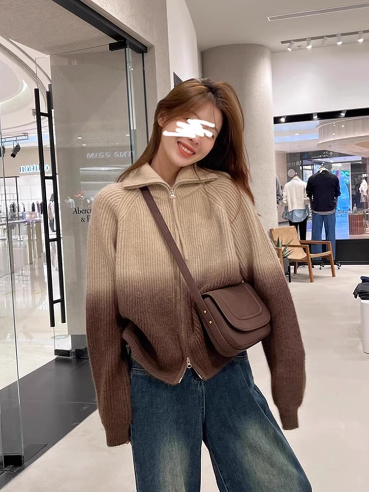 秋冬季設計感復古漸變色厚實毛衣外套女長袖雙拉鏈慵懶風針織開衫