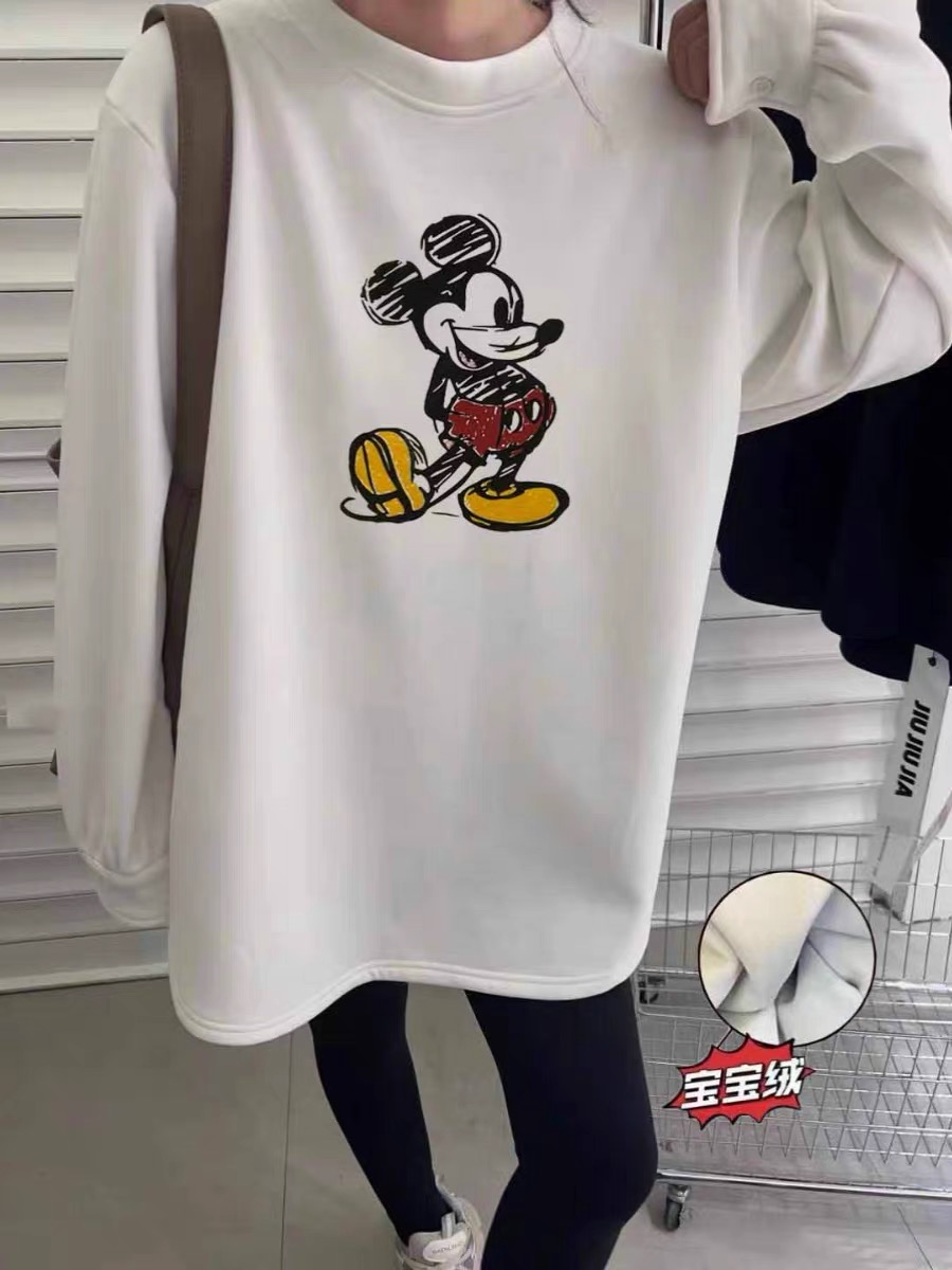 Winter new Korean style loose cartoon pattern letter round neck mid-length plus velvet shirt sleeves T-shirt for women