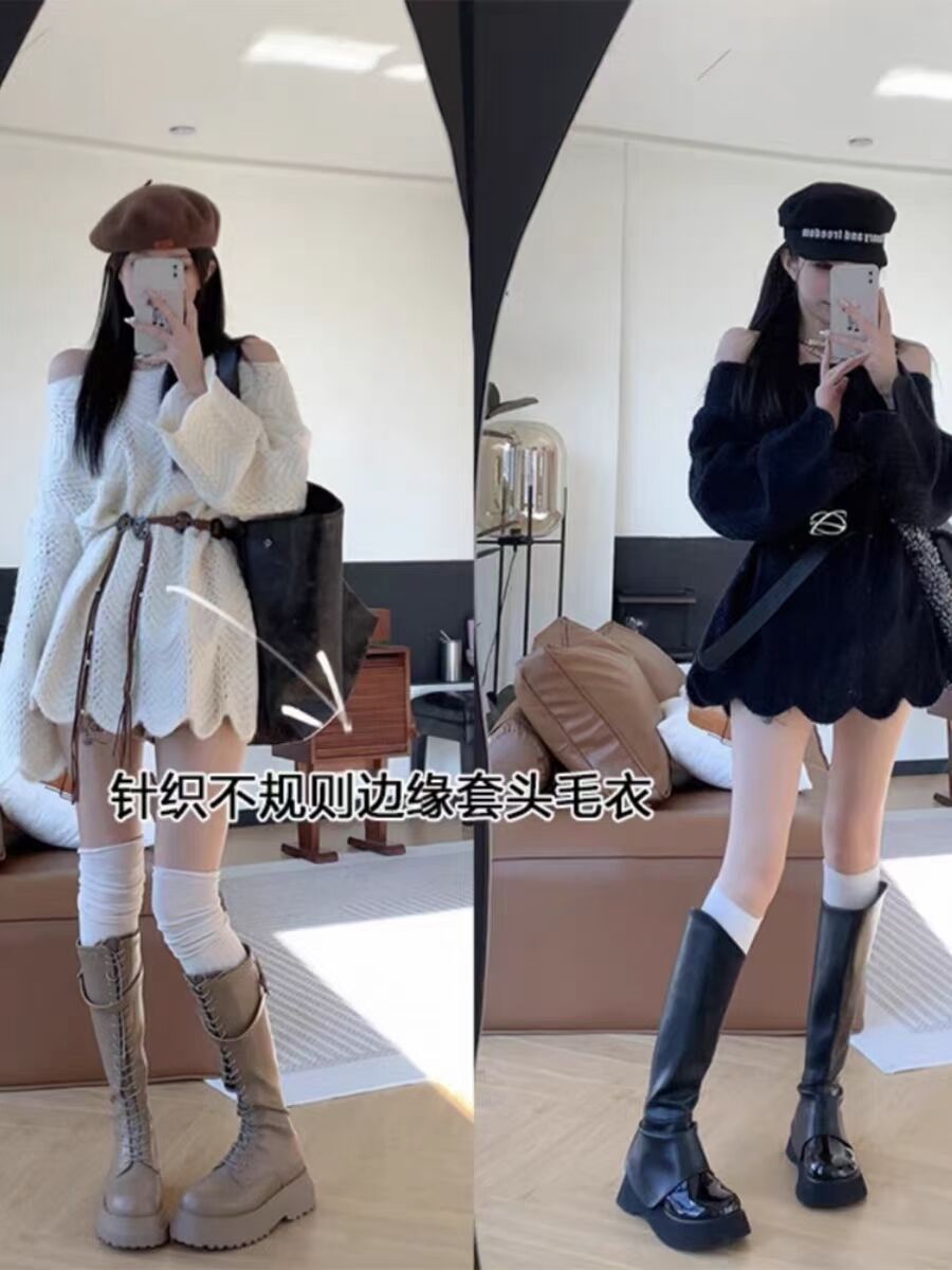 孫妍新款白蘭地毛衣溫柔風休閒甜美花邊套頭慵懶風寬鬆針織毛衣