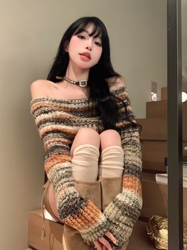 Collarbone one-shoulder short sweater for women in spring pure desire sexy sweet spicy style off-shoulder long-sleeved sweater bottoming top
