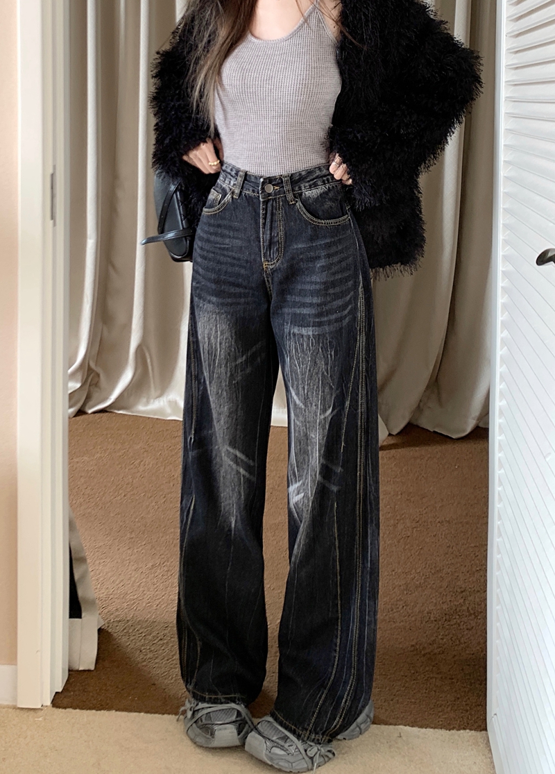 Actual shot #New high-waisted denim trousers for women, designed with washed craftsmanship, loose wide-leg floor-length trousers