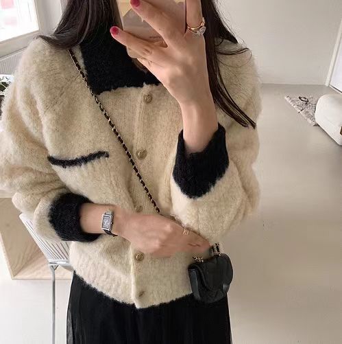 小香風polo領毛衣開衫女外套秋冬新款圈圈紗短款寬鬆慵懶風上衣