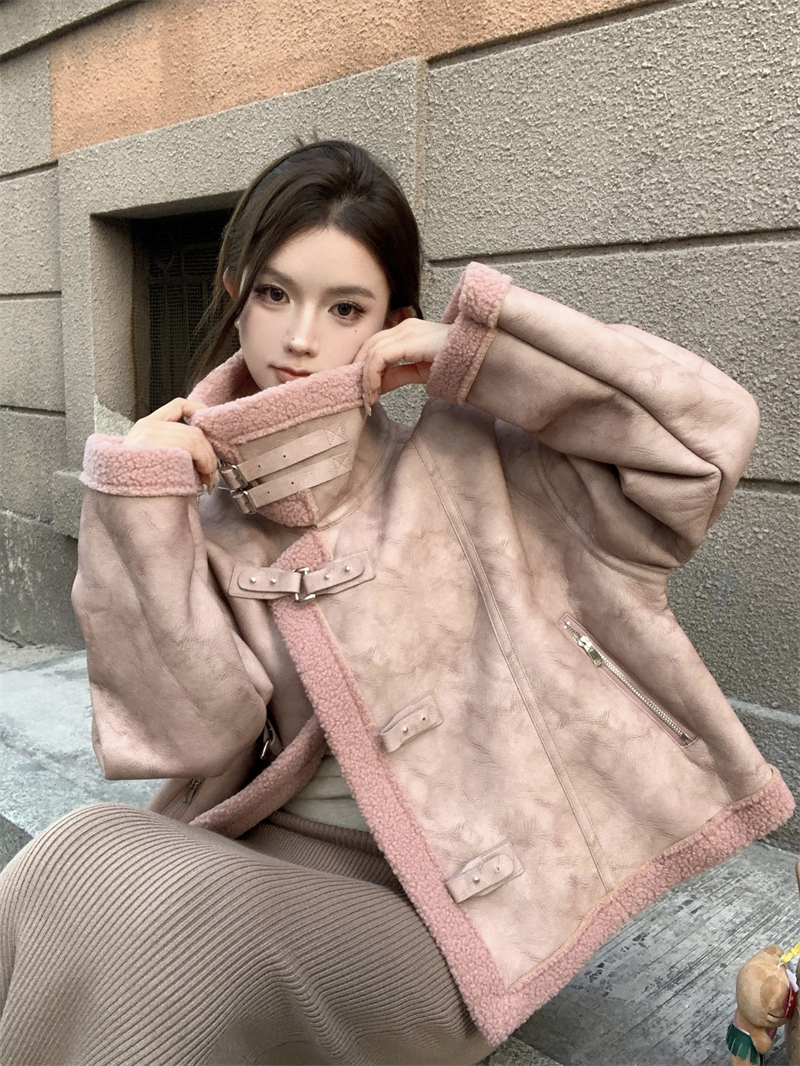 Actual shot of the new stand-up collar fur one-piece lambswool motorcycle jacket short coat versatile top