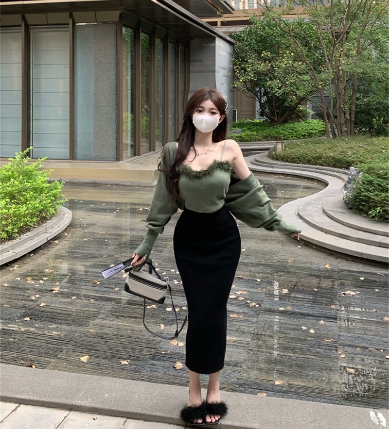 實拍 秋季新款拼接吊帶開衫針織包臀裙套裝