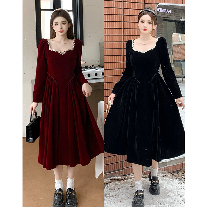 秋冬釘鑽絲絨禮服大碼連衣裙訂婚年會氣質方領顯瘦連衣裙大碼裙子