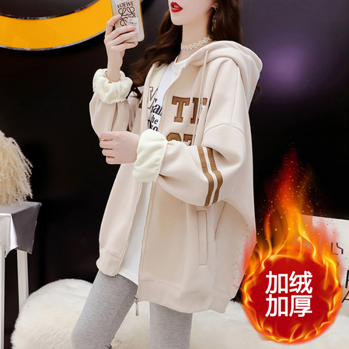 Oversize velvet hooded sweatshirt cardigan women's new autumn and winter American loose lazy style jacket