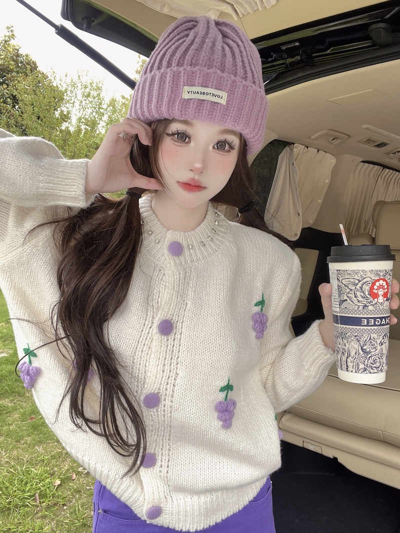 實拍 立體葡萄設計感針織開衫女秋季圓領寬鬆甜美慵懶風上衣