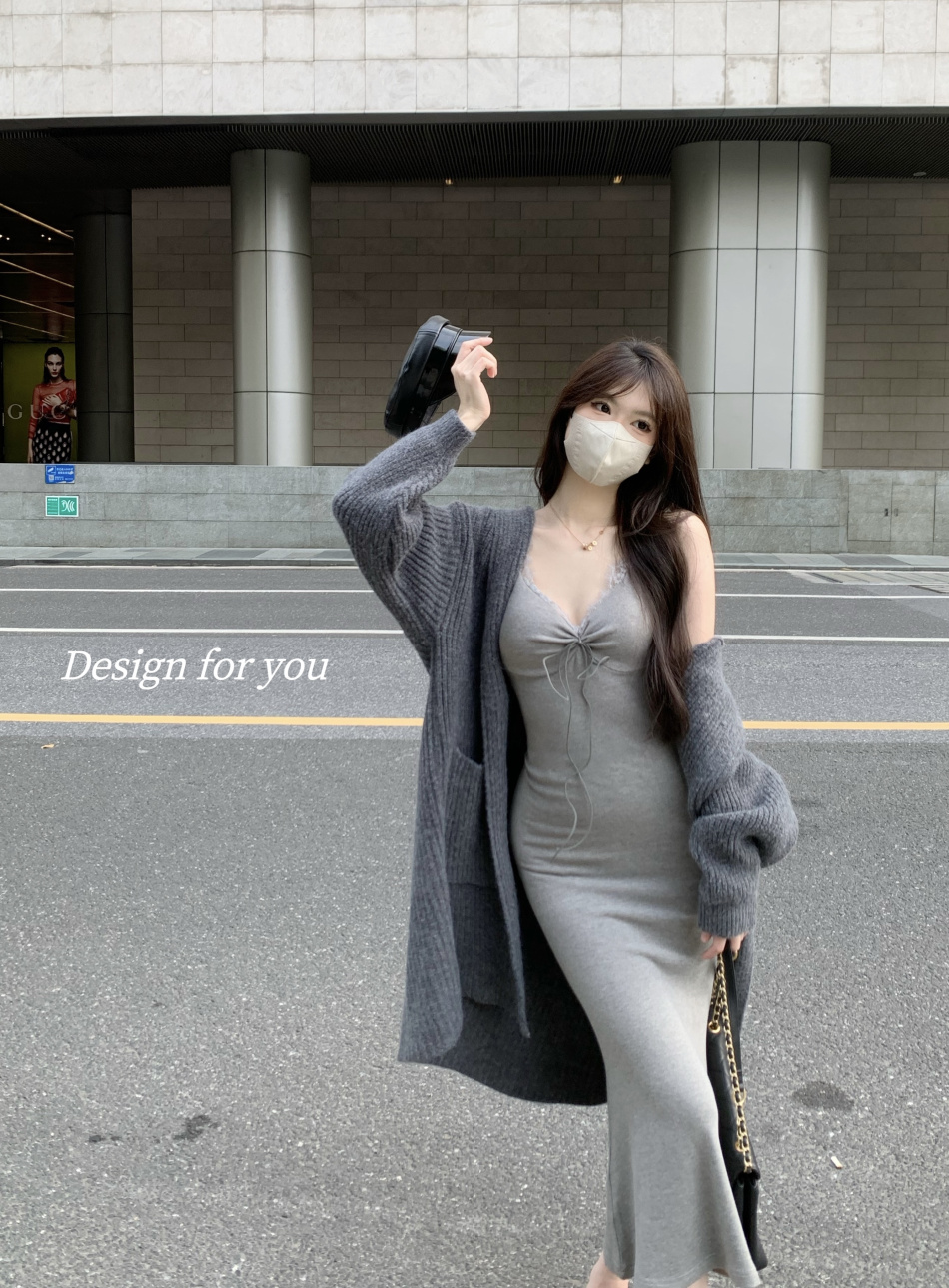實拍~ 冷欲姐姐鬆弛感*慵懶毛衣連帽外套長款吊帶裙氣質套裝