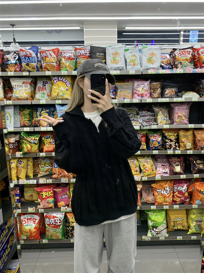實拍~ 韓系復古慵懶百搭拉鏈翻領寬鬆毛衣