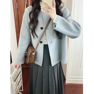 鹽系輕熟兩件套裝法式高級感毛呢外套百褶半身裙深冬裝搭配一整套