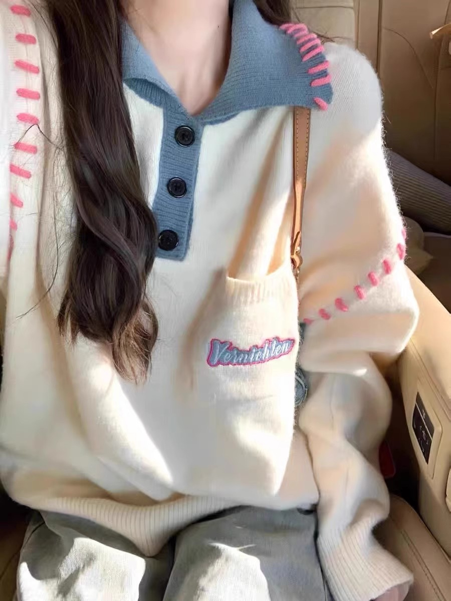 學院風polo領毛衣女秋冬設計感小眾oversize慵懶風軟糯針織衫外套