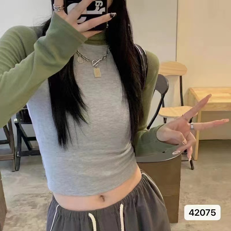 撞色短款韓版堆堆領高領內搭打底衫修身外穿長袖女春秋百搭上衣